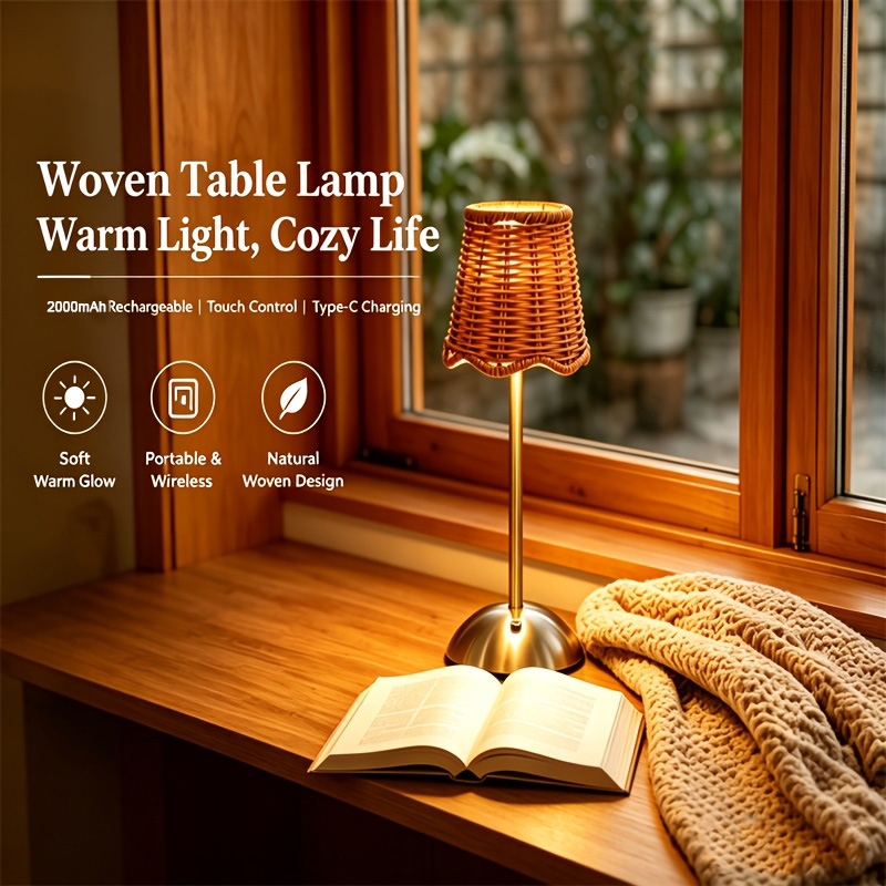 Desk Setup Lighting - Böhmische Geflochtene Rattan-Kunst-Tischlampe, 3-stufig dimmbar, Touch-Steuerung,