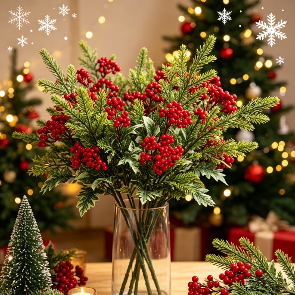 Desk Setup Plants - Künstliche Weihnachtsgrünpflanzen, künstliche Kiefer-Eukalyptus mit roten