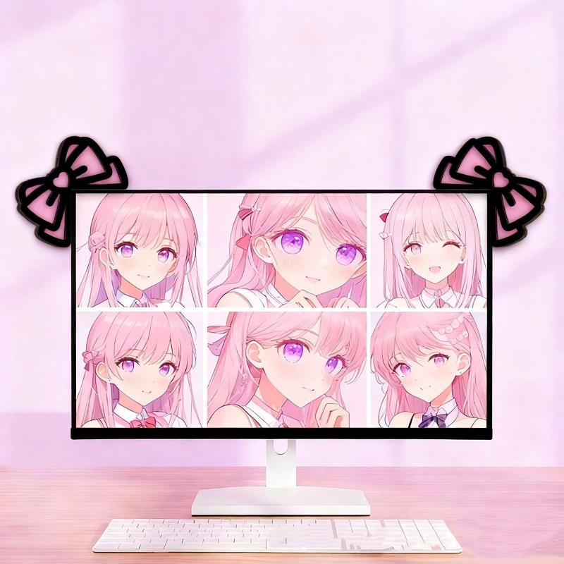 Desk Setup Pc - Neue 1/2-teilige Holz-Schleifen-PC-Accessoires, Kawaii 2D-Schleifen-Monitor-Deko, niedliche