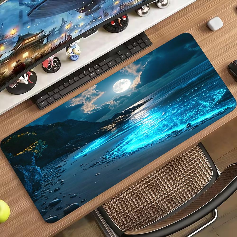 Desk Setup Designer - Ruhiges Blaues Meer-Mond-Szenen-Design, Erweitertes Mauspad, Rutschfeste