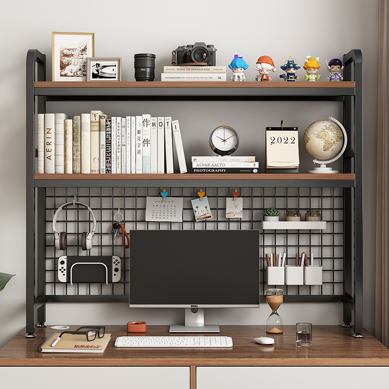 Desk Setup Productivity - Bücherregal mit Gitter, Schreibtisch-Aufbewahrungsregal, mehrschichtiges Eisenregal,